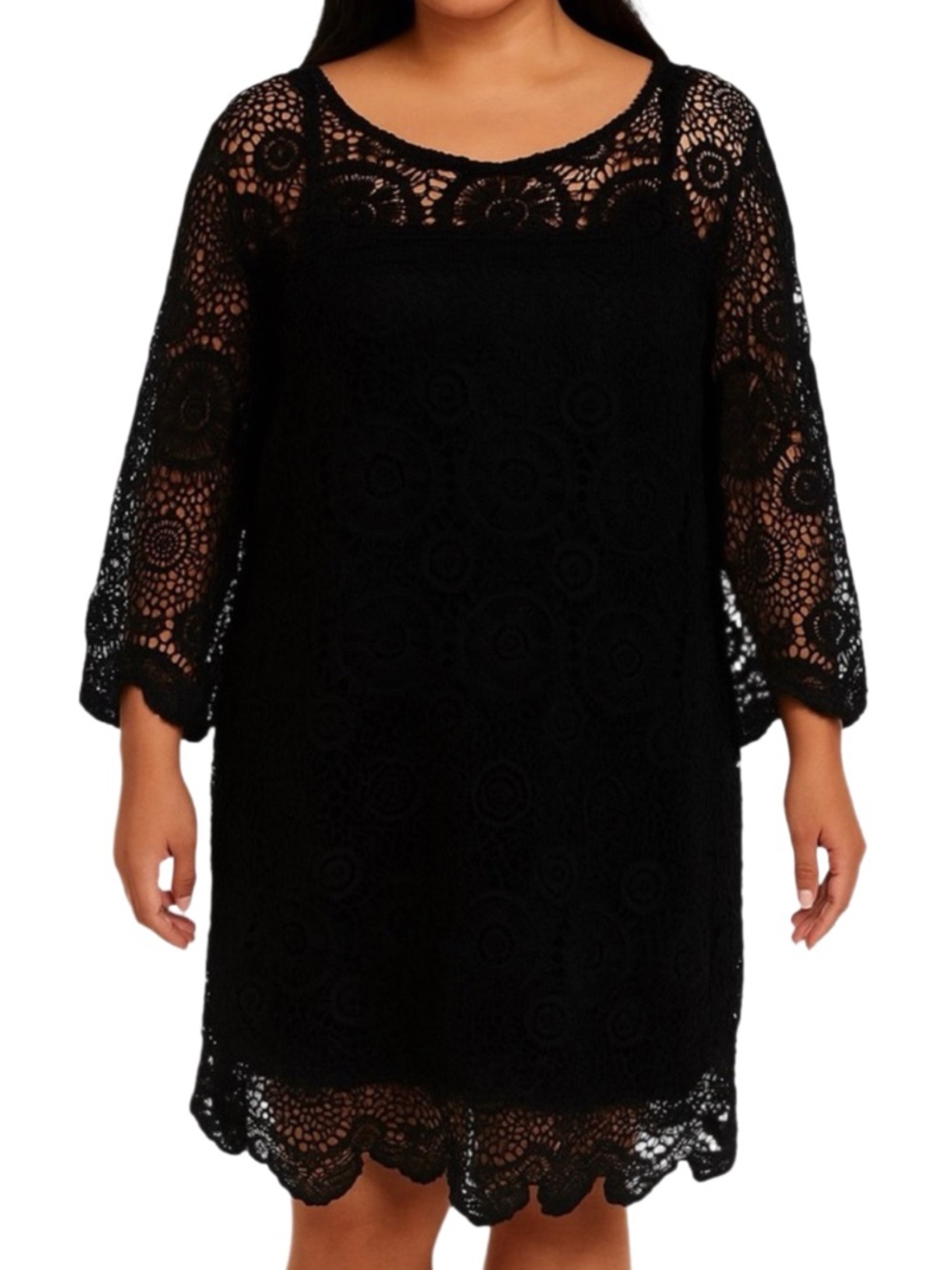 Ellos Black Floral Crochet Lace Shift Dress - Size 26